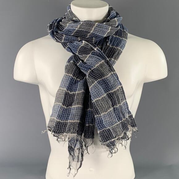 BRUNELLO CUCINELLI Size Navy Blue Plaid Linen Scarves